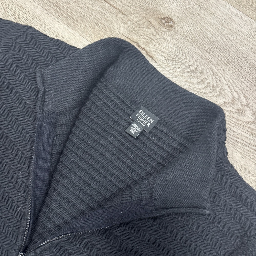 Eileen Fisher Black Ribbed Zip Up Wool Mix Cardigan Jacket w/ Pockets Petite M